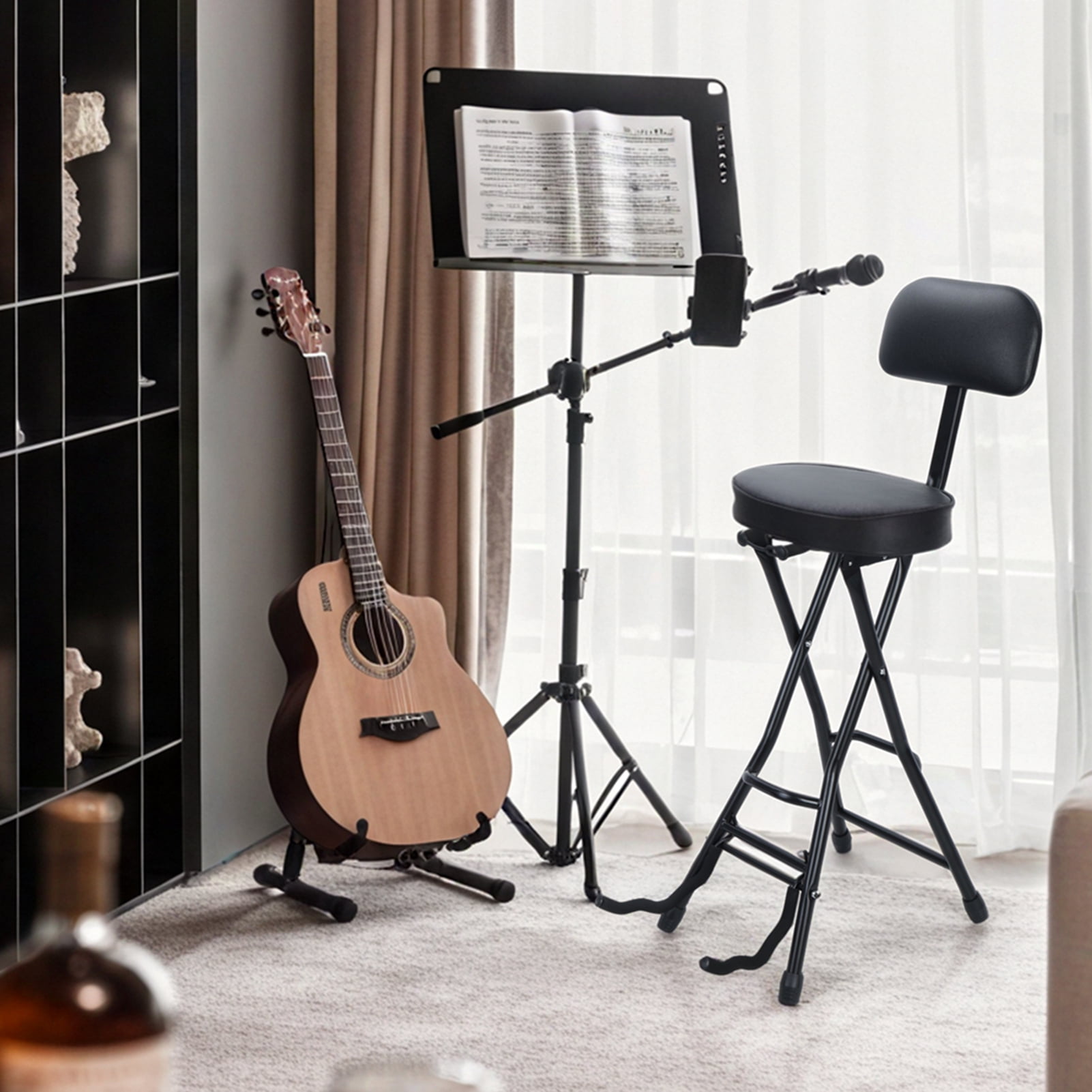 Cixusio Guitar Seat with Padded Cushion, Guitar Stool with Ergonomic Backrest and Fold Out Guitar Stand, Suitable for Acoustic and Electric Guitars Bass Guitars