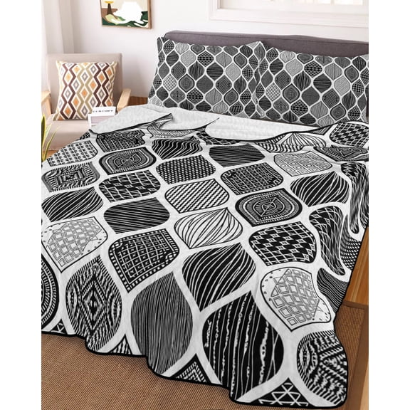 Black Morocco Full Size Down Alternative Comforter, Lightweight Comforter Quilt Bedding Set with Pillow Shams Retro Geometric Grey Ethnic Tribal Art All Seasons Bed Comforter Duvet Insert 78"x90"