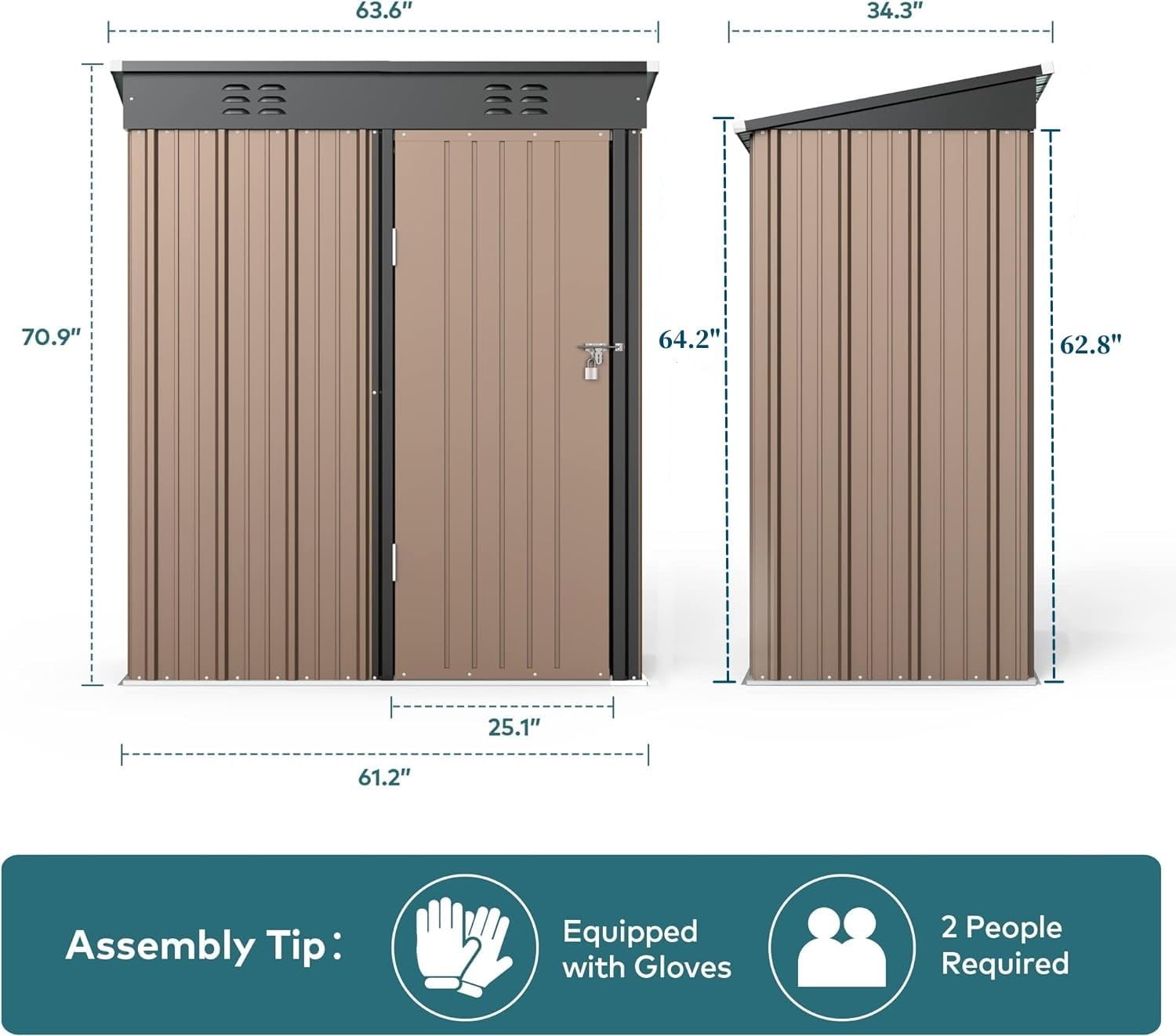 5x3 ft Outdoor Storage Shed, Metal Garden Tool Shed with Lockable Doors, for Outsides,Yard, Backyard Patio, Lawn - Brown