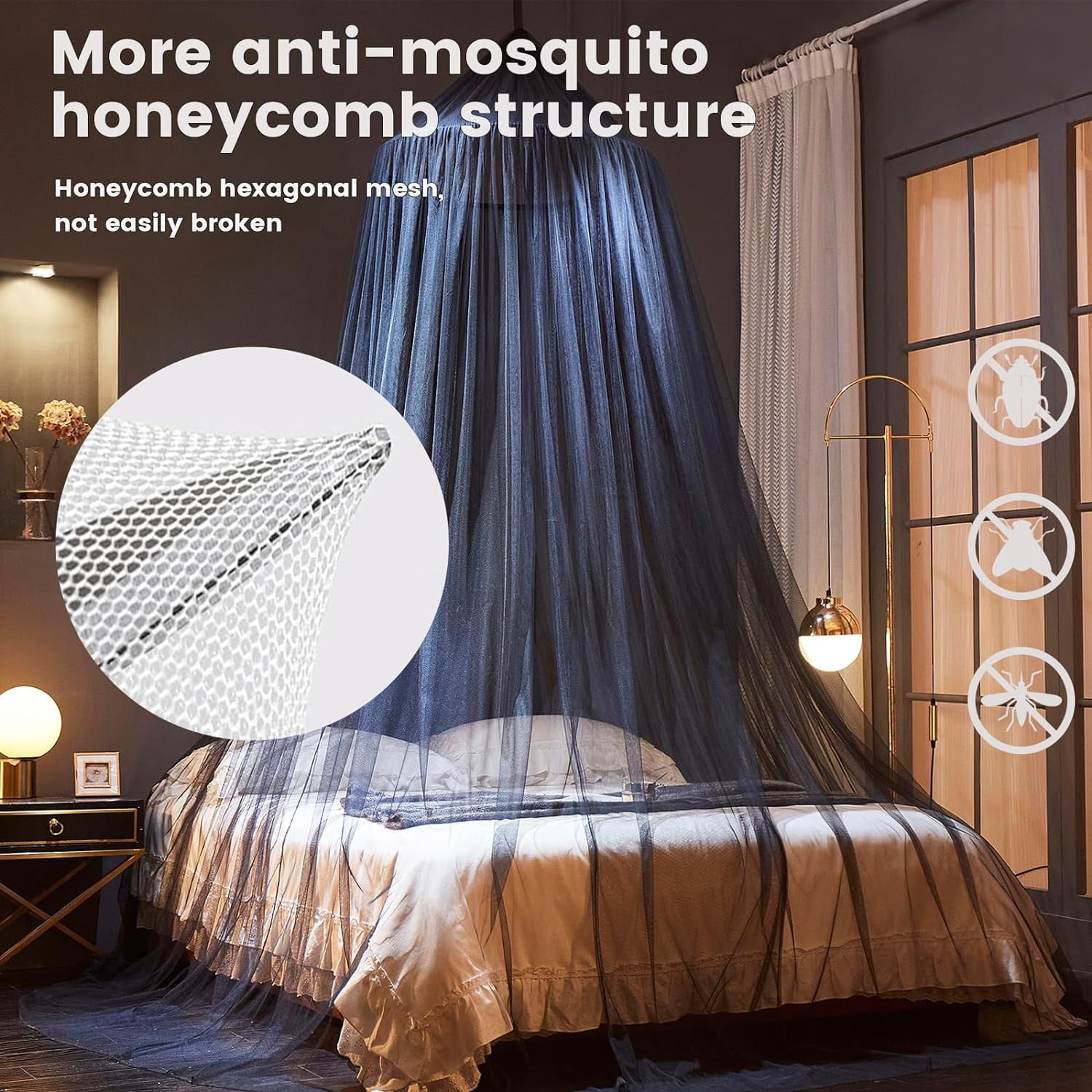 Bed Canopy Mosquito Net for Bed, Curtains, Dome Netting Tent, Indoor Outdoor, Black, Full Size