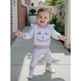 thumbnail image 4 of Loicainy Toddler Baby Girl Halloween Outfits 3 6 12 18 24 Months 2T 3T 4T Pumpkin Face Embroidery Stripe Crew Neck Long Sleeve Waffle Tops Long Pants 2Pcs Clothes Set, 4 of 9