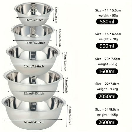 5pcs Stainless Steel Mixing Bowls with Scale, Cooking Bowl for Cooking, Baking, Prepping, Household Kitchen Cooking Basin