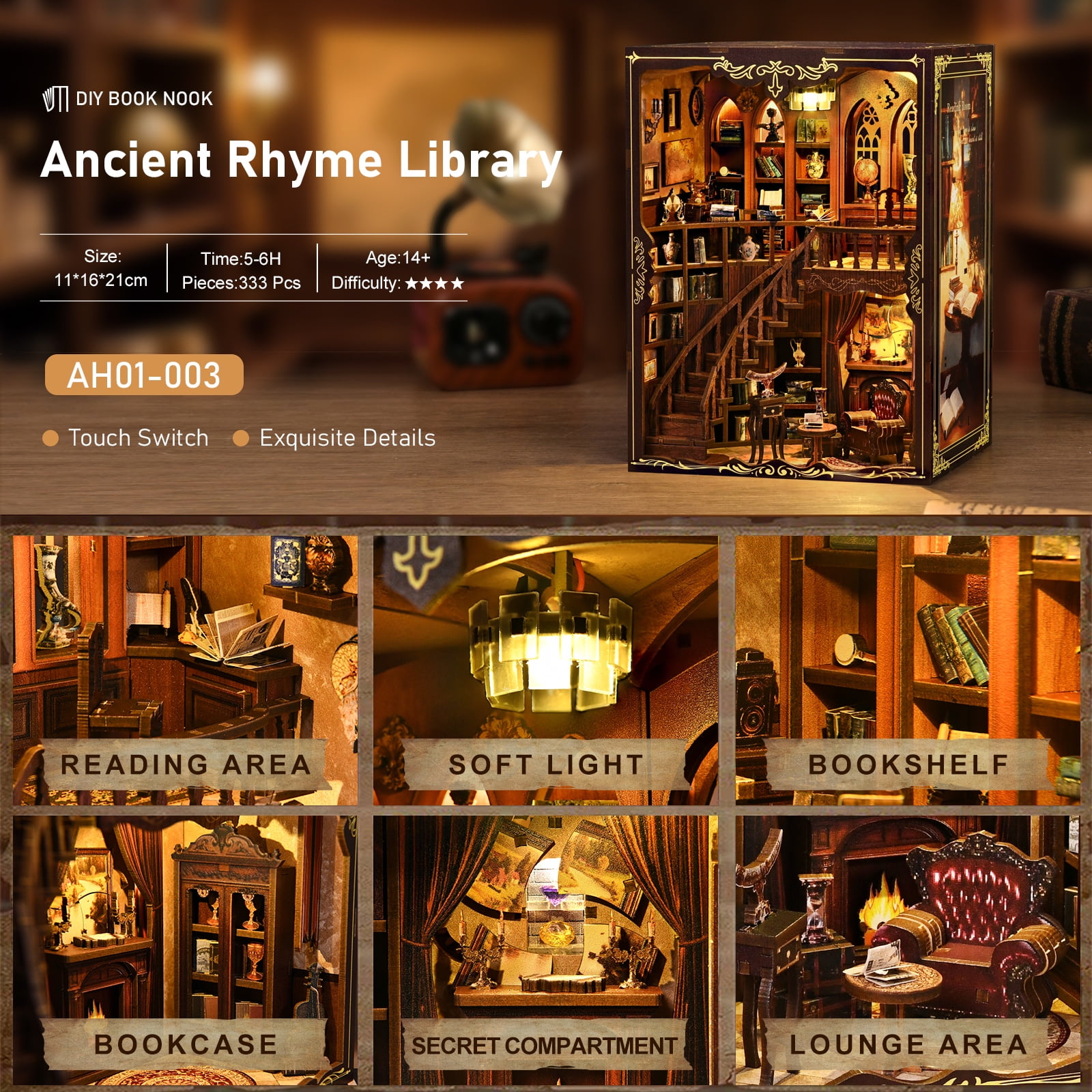 DIY Book Nook Kit – Wooden Miniature Library Scene with LED Light, Bookshelf Insert Decor, Relaxing Craft Kit for Adults & Teens, Ancient Rhyme Library