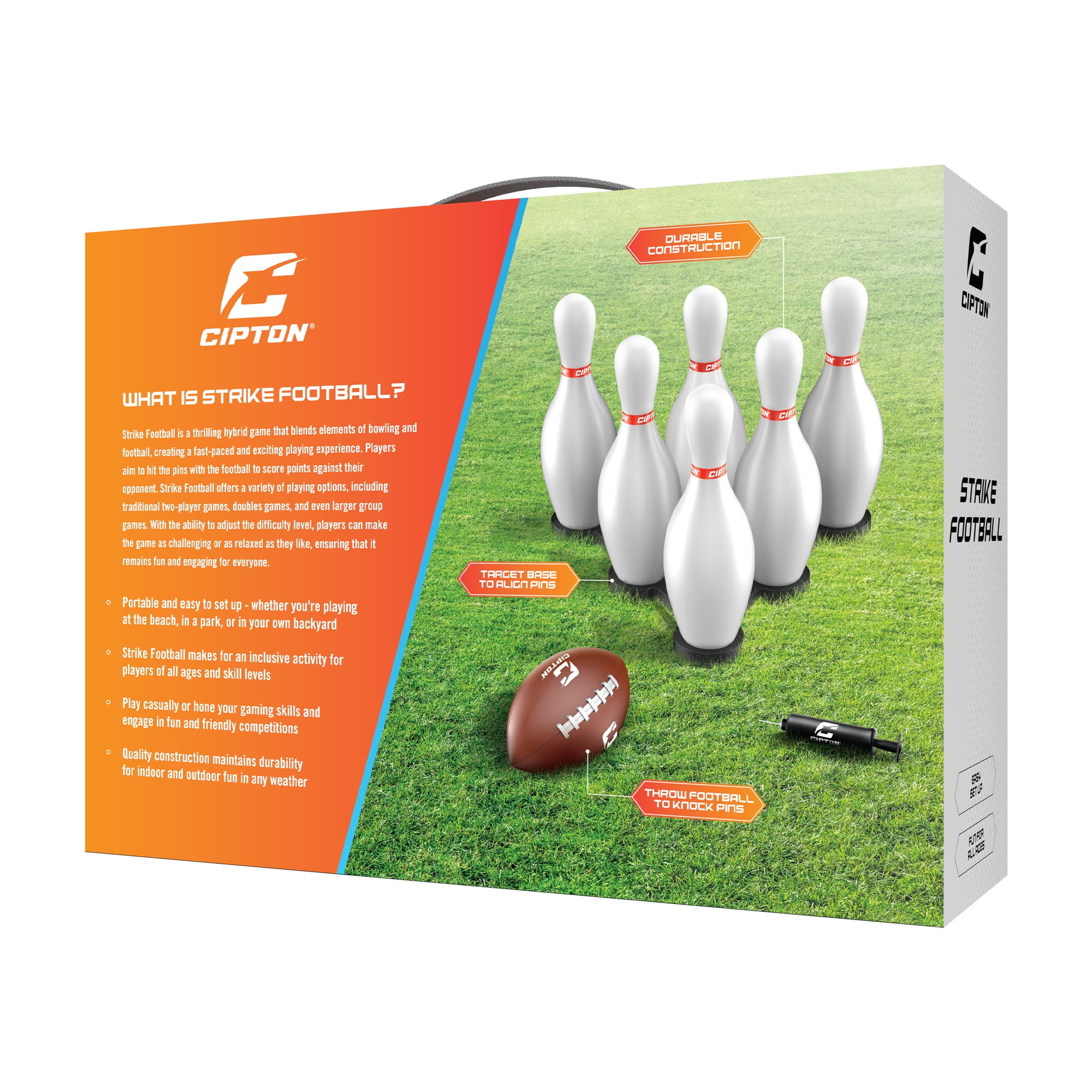 Cipton Strike Football Lawn Game Set – Includes 12 Pins, 2 Target Bases, Football, Air Pump & Carry Bag – Outdoor Bowling Football Game for Backyard, Park, or Beach