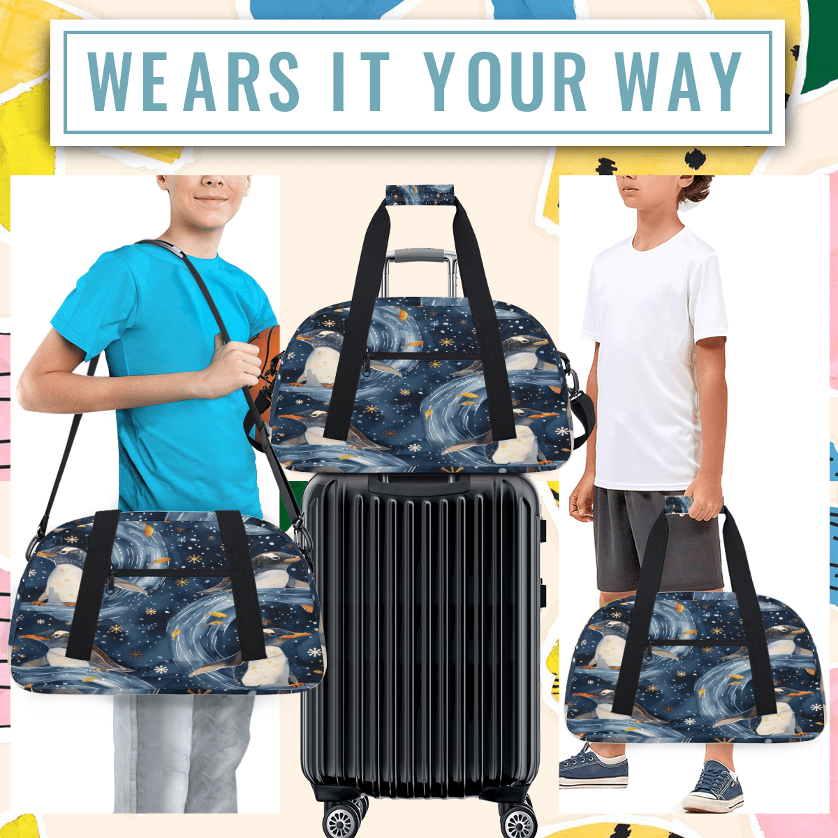 Herdesigns Cute Animal Penguin Sports Duffle Bag for Women & Men, Penguin Print Gym Bag Dance Bag Overnight Bag Carry On Weekender Travel Bag