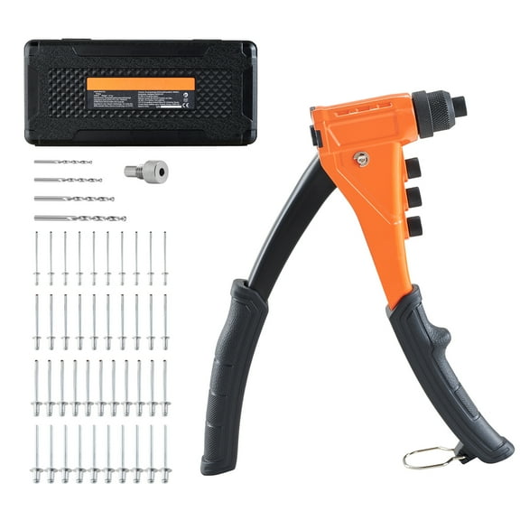 KFFKFF Manual Rivet Gun Kit with 200 Blind Rivets, Heavy-Duty Single-Hand Tool Featuring 4 Interchangeable Nosepieces, 4 Drill Bits, and a Storage Case for Metalwork, Automotive, and Home Projects