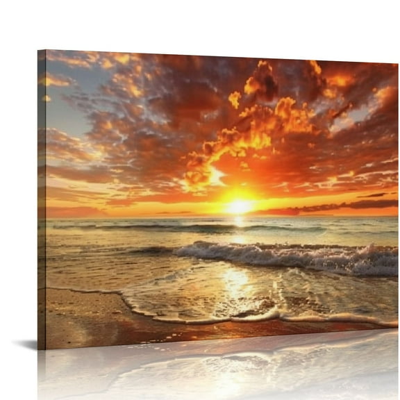 Acheng Canvas Prints Wall Art Sunset Ocean Beach Pictures Photo Paintings for Living Room Bedroom Home Decorations Modern Stretched and Framed Seascape Waves Landscape 20x16in
