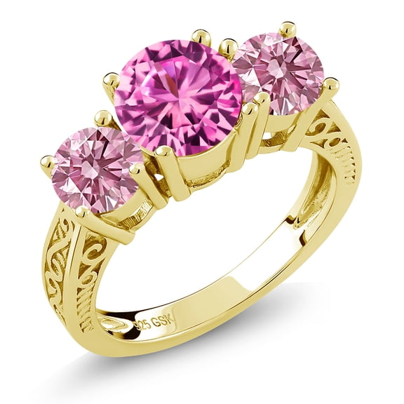 Gem Stone King 18K Yellow Gold Plated Silver Pink Created Sapphire and Pink Lab Grown Diamond Engagement Ring for Women | 2.66 Cttw | Round 7MM | Gemstone September Birthstone | Size 9