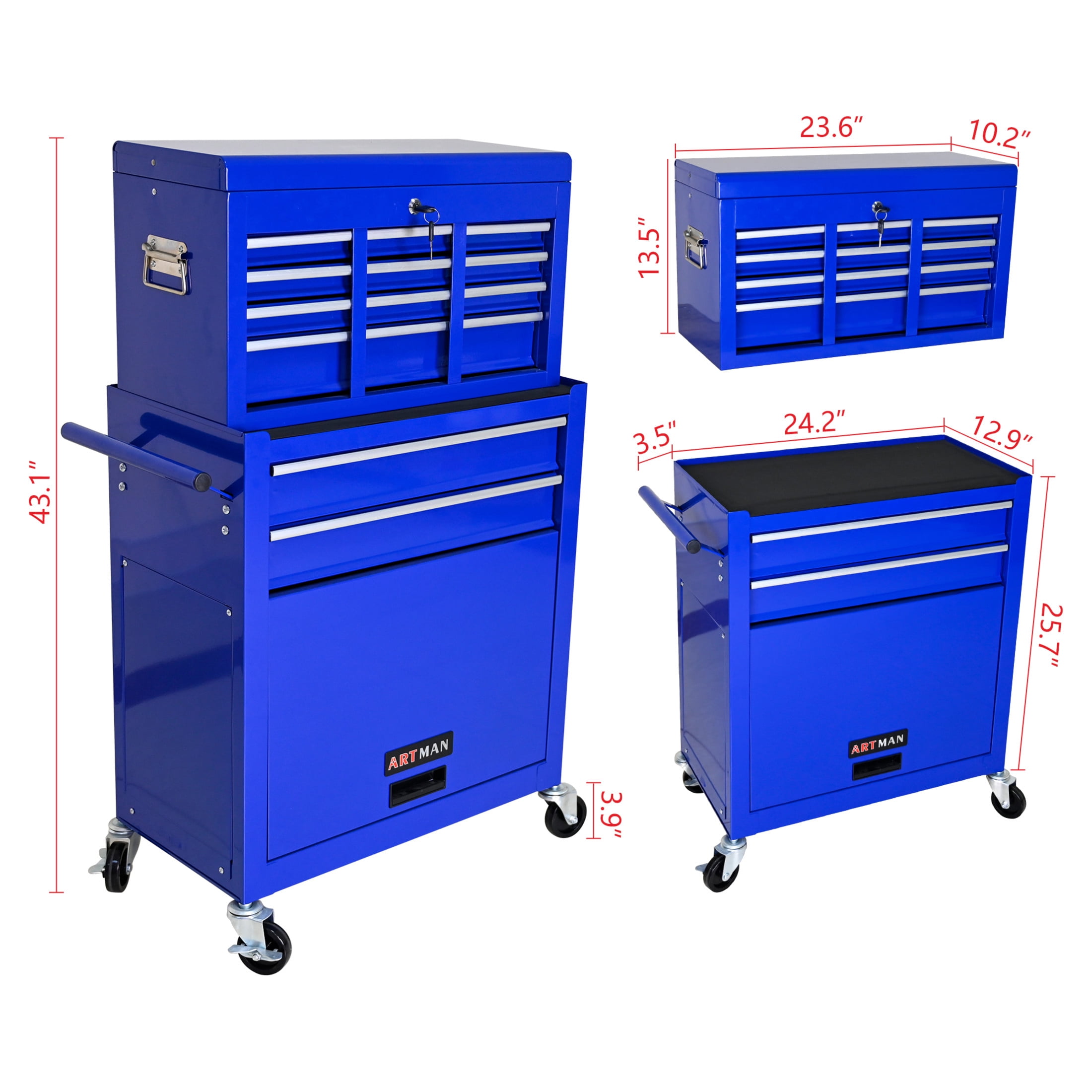 Noble House Heavy-Duty Rolling Tool Chest, 8-Drawer Steel Storage Box Organizer with Detachable Box, Blue