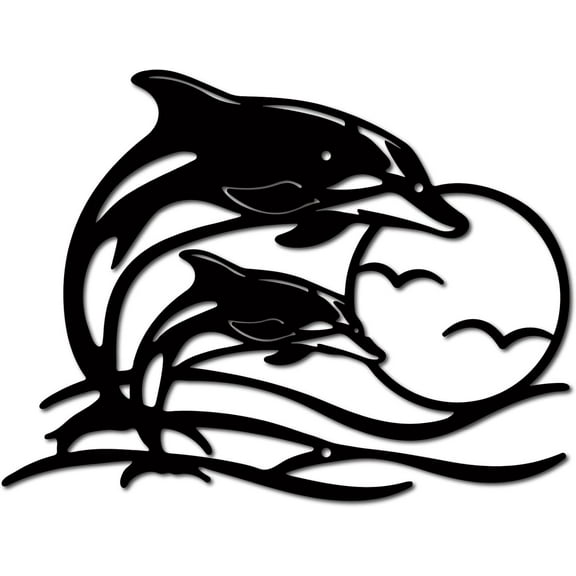 Dolphin Sunset Metal Wall Art Coastal Seagull Black Iron Wall Silhouette Decor Modern Abstract Hanging Sculpture Ornament Art Plaque for Hotel Bedroom Housewarming Gifts 11.8 x 9 inch Black