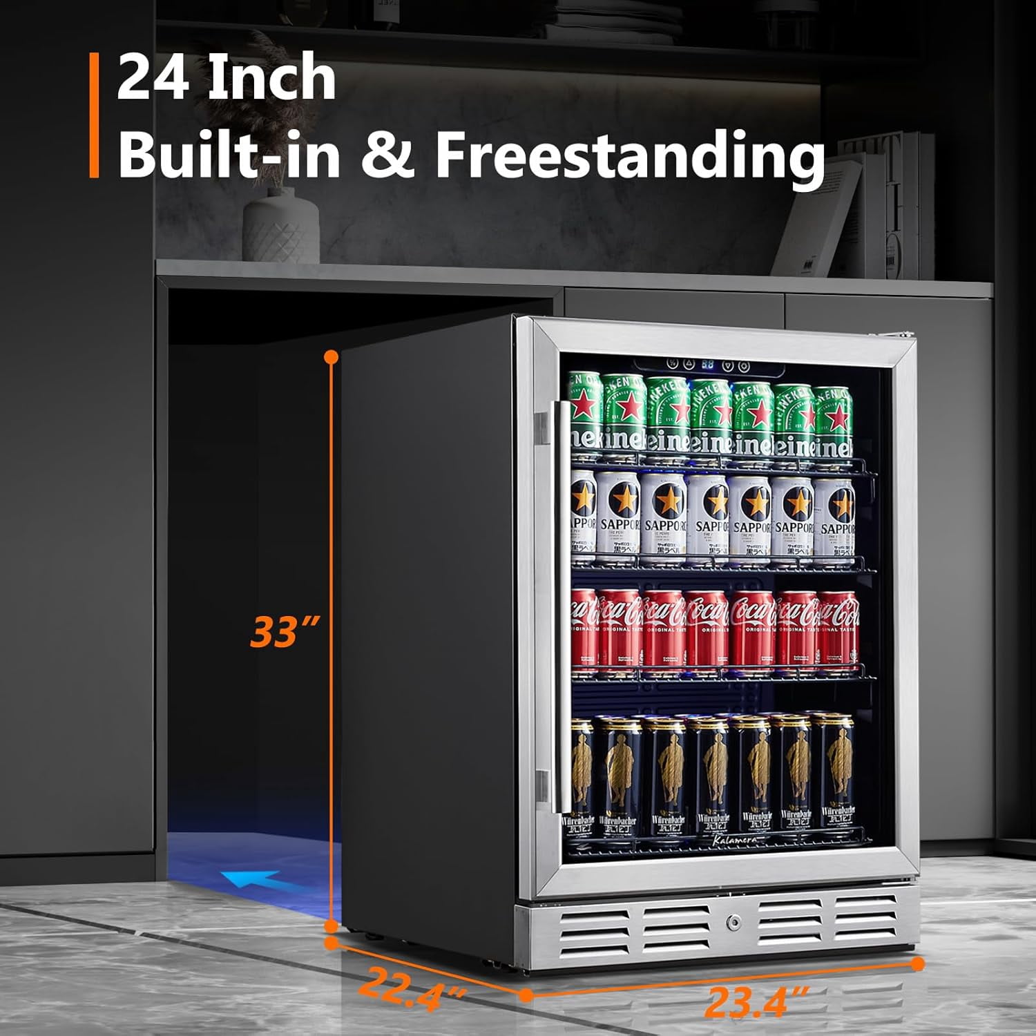 24 Inch Under Counter Beverage Fridge -Max 164Cans Capacity Drink cooler,Perfectly for Built in Space and Adjustable shelves
