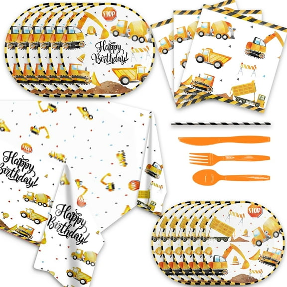 141Pcs Construction Birthday Party Supplies Construction Plates, Cups, Napkins, Forks ,Knives,Straws,Boys Baby Shower Excavator Construction Birthday Party Decorations C113