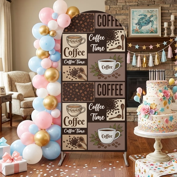 Coffee Time Arch Backdrop Covers 7.2 FT, Retro Coffee Beans Dark Brown Patchwork Stretchy Fitted Arched Stand Covers Party Arch Stand Cover Photo Booth for Wedding Birthday Decor