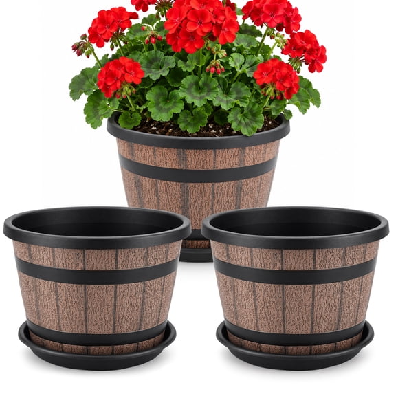 FOUKUS 3 Pack 10 Inch Whiskey Barrel Planter Flower Pots: Wood-Look Resin Planters for Outdoor Plants with Pre-Drilled Drainage Holes, Garden Pots with 3 Saucers for Porch & Patio