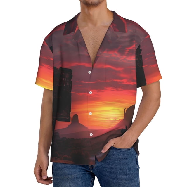 Balery Sunset Western Desert Cowboy Camisa Casual de Manga Corta con Botones para Hombre, Texturizada, Estilo Cubano, para Playa, Verano-Medium