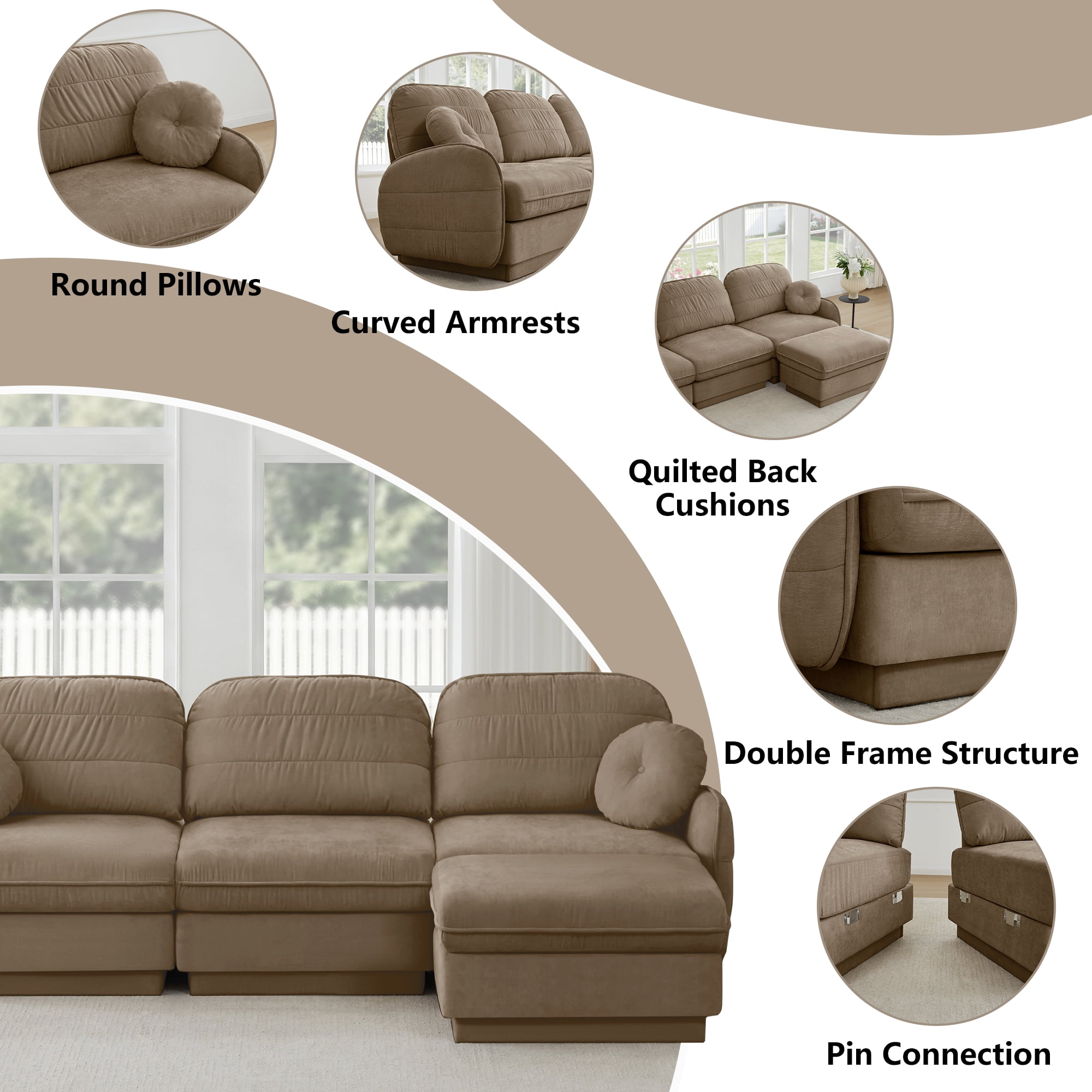 Mintazer 105" Chenille Cloud 3-Seater Modular Sectional Sofa with 2 Round Pillows, Easy Assembly Ergonomic Sofa Couch for Living Room, Apartment, Light Coffee
