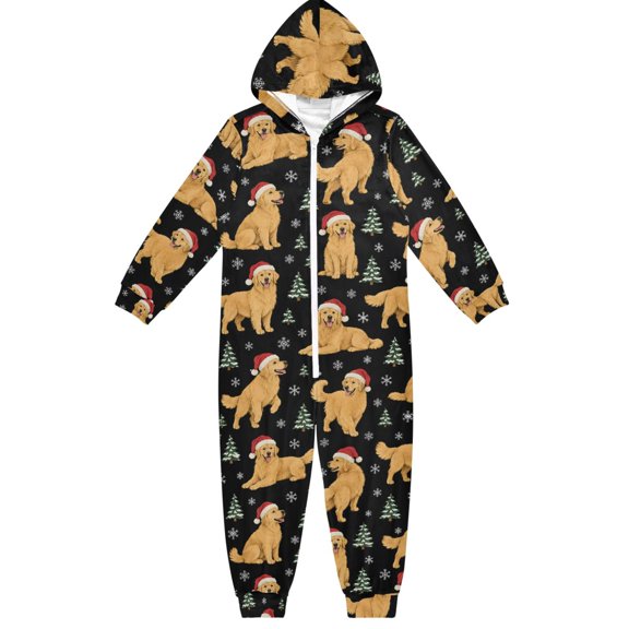 Christmas Golden Retriever Boys & Girls Hooded One-Piece Pajamas Warm Crystal velvet Hooded Long Sleeve Loungewear Jumpsuit Unisex