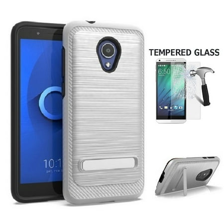 Metallic Silver Aluminum Case (Alcatel TCL LX Case, Alcatel 1X Evolve Case, Phone Case for AT&T PREPAID Alcatel idealXTRA, Dual Layer Metallic Brush Finish Design Shockproof Protection Cover Case with Kickstand)