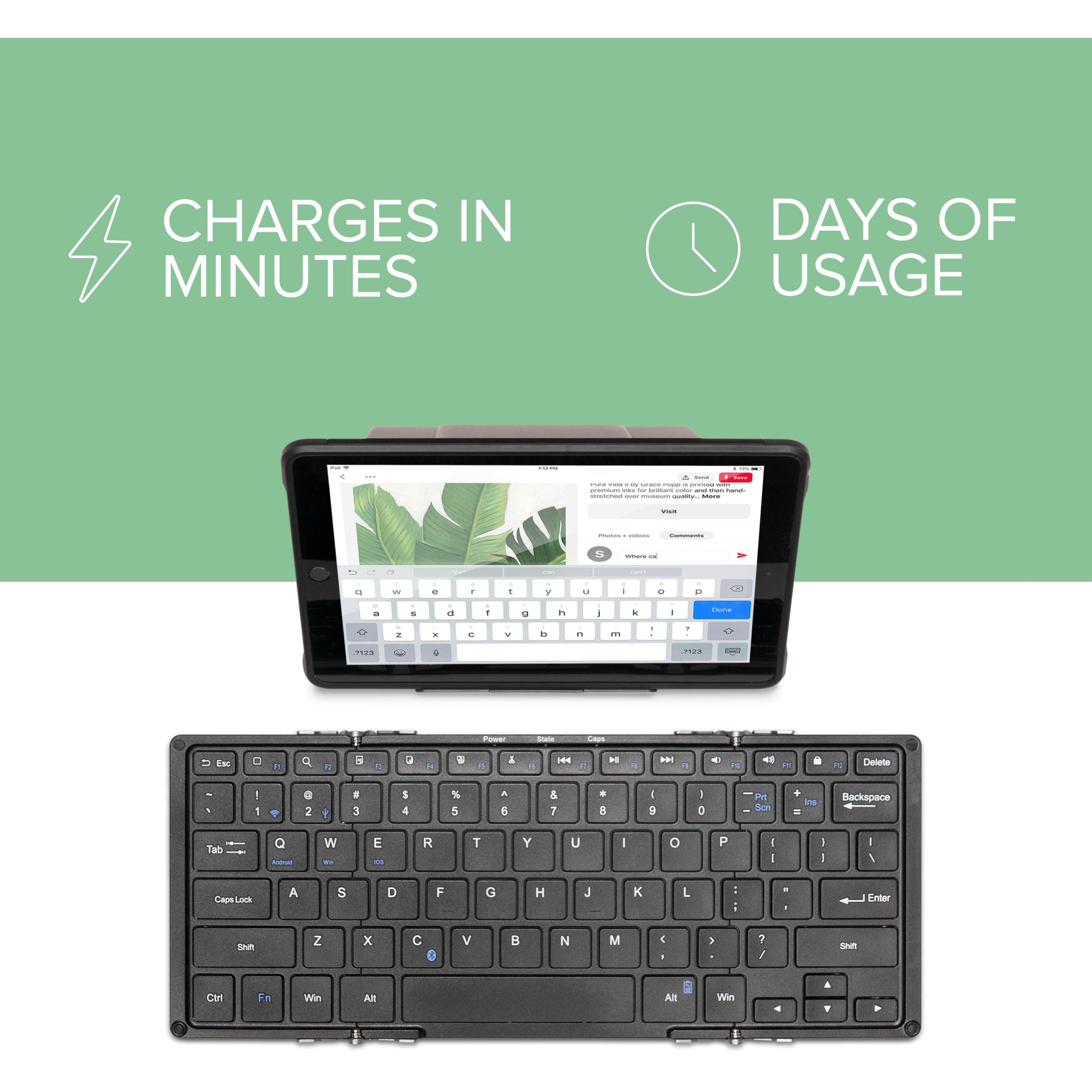 Plugable Foldable Bluetooth Keyboard Compatible with iPad, iPhones, Android, and Windows, Full-Size Multi-Device Keyboard, Wireless and Portable with Included Stand for iPad/iPhone (11.5 inches) - image 3 of 8