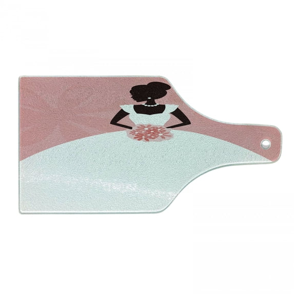 Bridal Shower Cutting Board, Wedding Dress with Flowers Abstract Backdrop Celebration Print, Tempered Glass Cutting and Serving Board, Wine Bottle Shape, Black White and Salmon, by Ambesonne