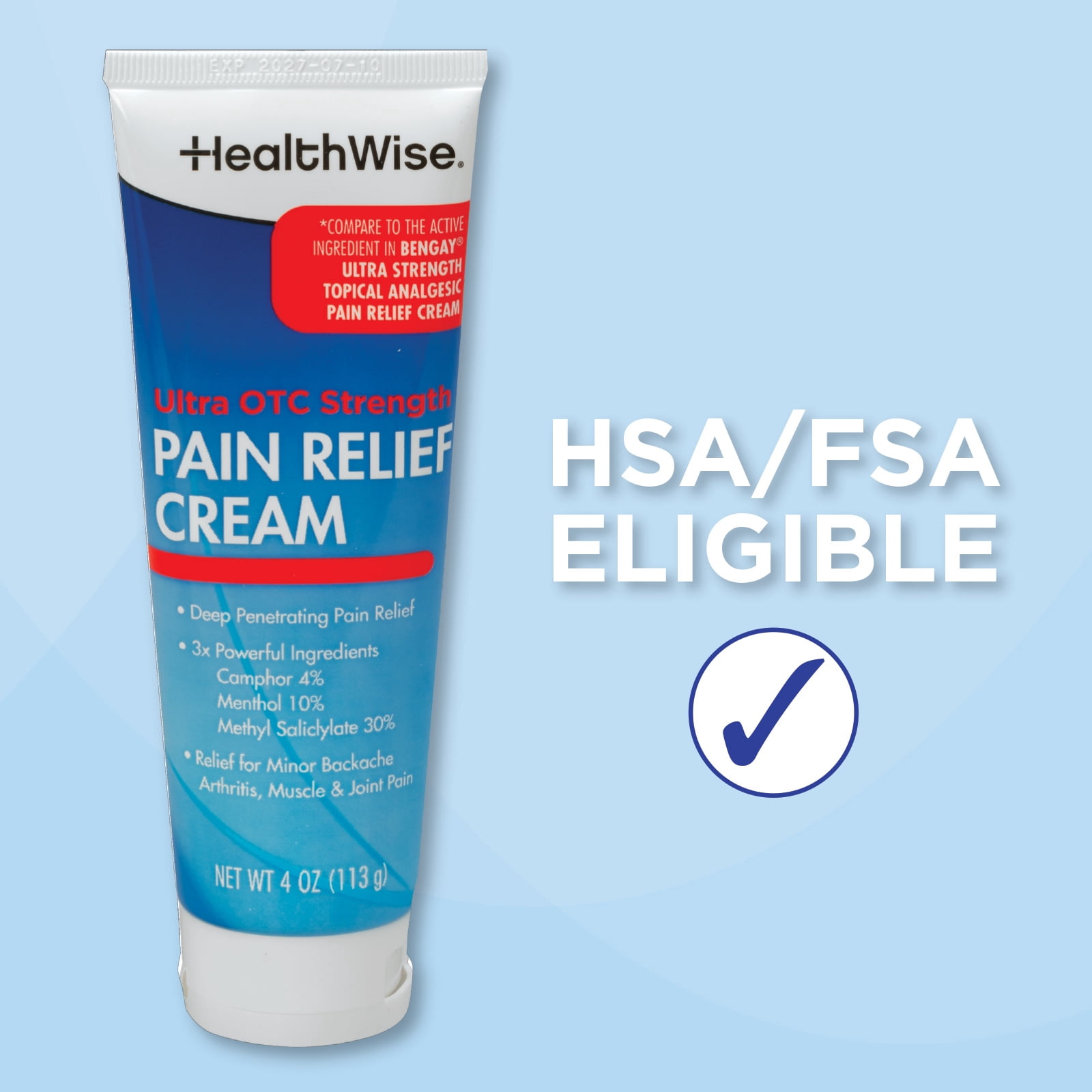 HealthWise Pain Relief Cream | Ultra OTC Strength | 4% Camphor + 10% Menthol + 30% Methly Saliclylate | Non-Greasy Formula | 4.0 Oz | Topical Analgesic