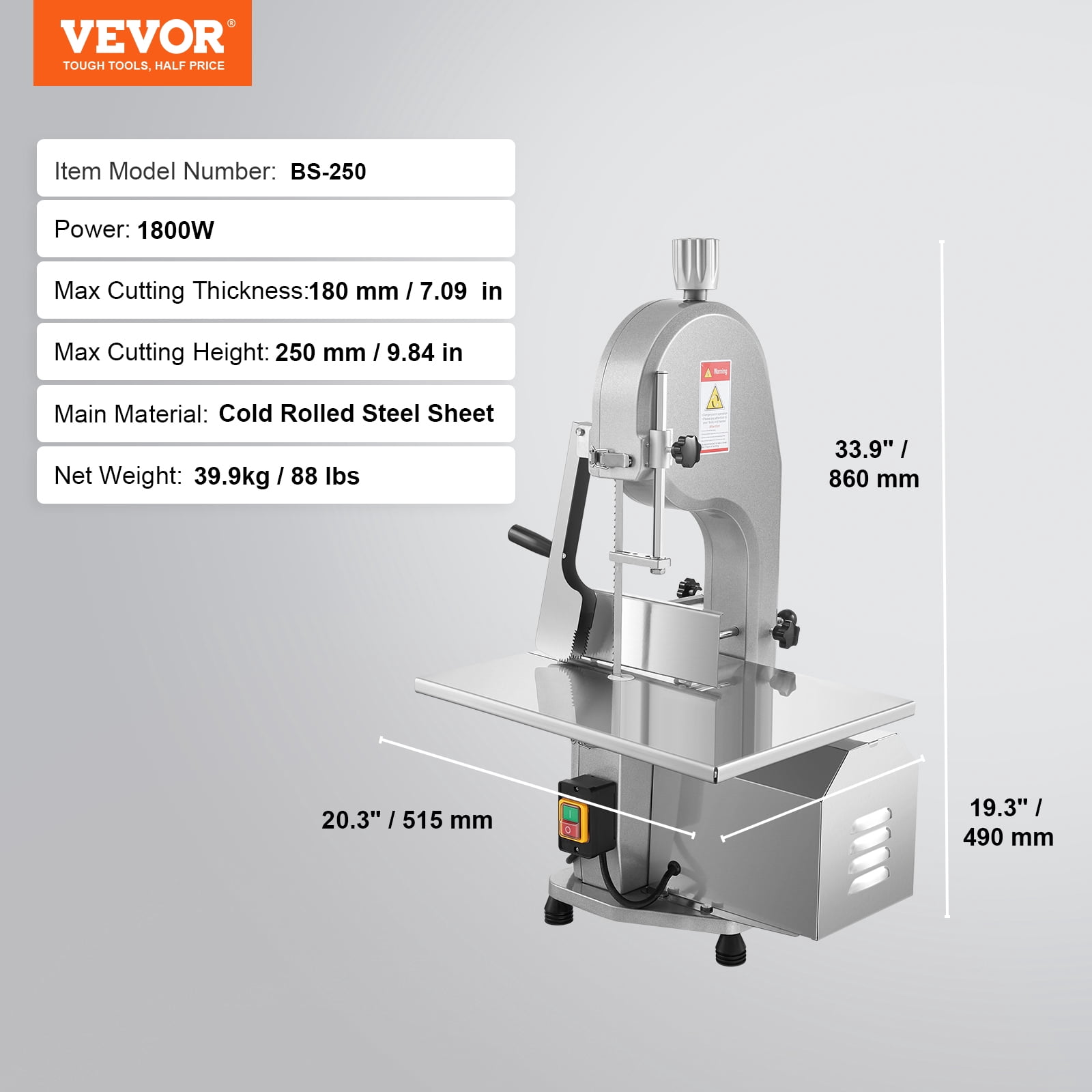 VEVOR Commercial Electric Meat Bandsaw, 1800W Stainless Steel Countertop Bone Sawing Machine,Workbeach 15" x 19.1",7.09 Inch Max Cutting Thickness,Frozen Meat Cutter with 5 Blades for Rib Pork Beef