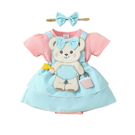 

Baby Short Sleeve Crewneck Bear Embroidery Romper Dress with Headband