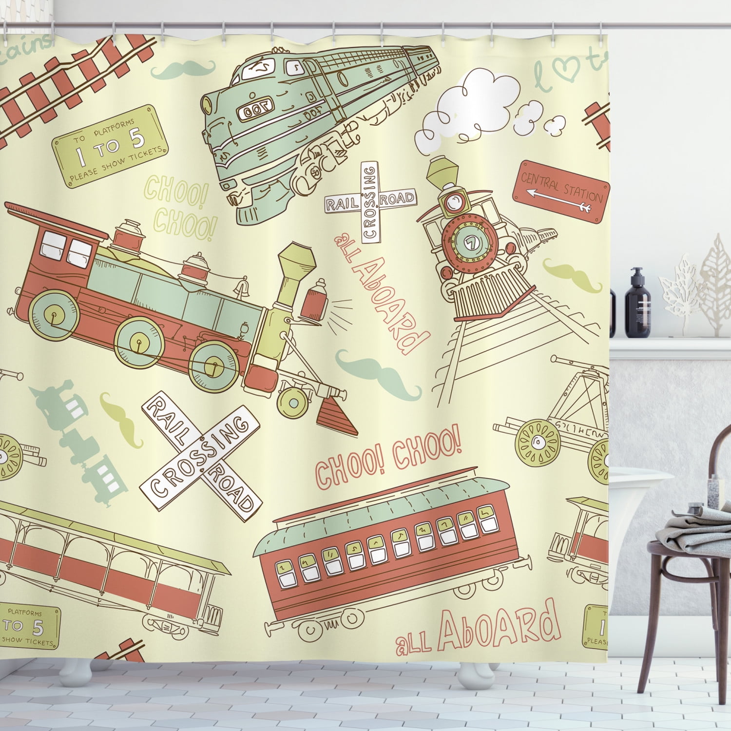Train Shower Curtain, Vintage Doodle Composition About Trains Choo Choo