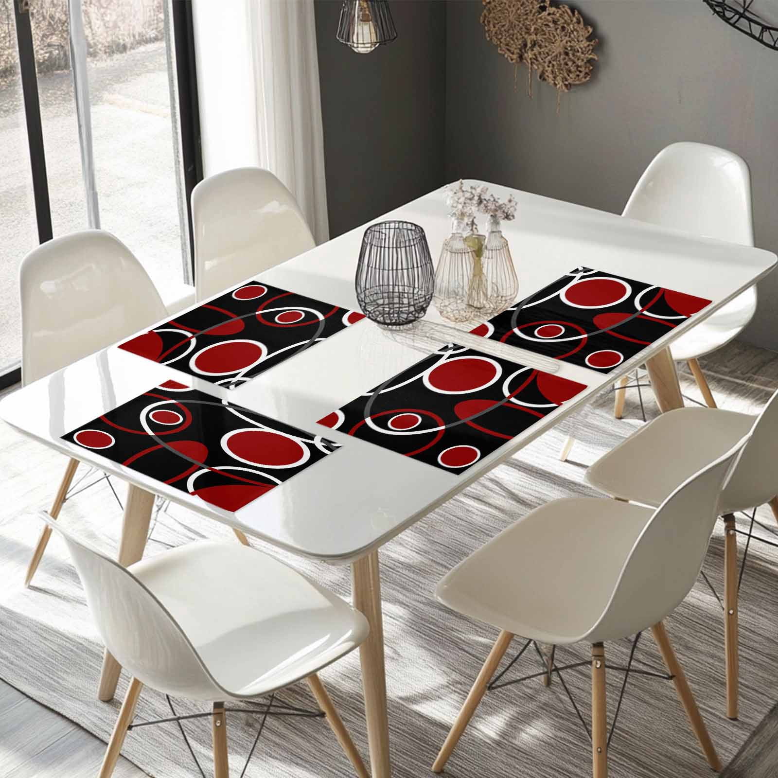 Placemats Set of 4, Black Red Circle Placemats Set of 4, Geometri Stripe Lines Abstract Art Tablemats Placemat Table Decoration for Kitchen Table Dinner Party Home Decor Indoor Outdoor 13x19 Inch