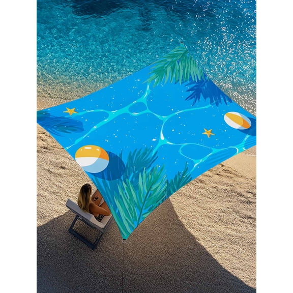 Outdoor Sun Shade Sail 12'x16', Summer Pool Patio Beach Shade Canopy Cloth Waterproof, Tropical Palm Tree Leaves Beach Blue TearResistant & UV Protection Sun Sail for Backyard Garden Deck