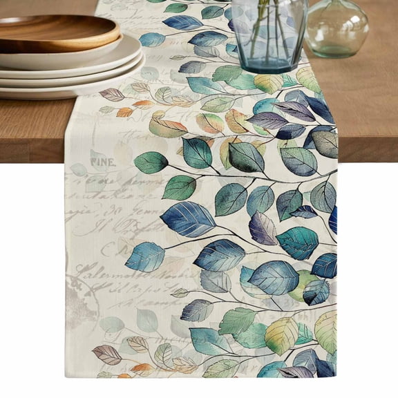 Blue Teal Botanical Table Runner, Weeping Fall Eucalyptus Leaves Rustic Washable Cotton Linen Table Runners 60 Inches Long, Dresser Scarf Runner for Coffee/TV Stands/Kitchen/Cabinets 13''x60''