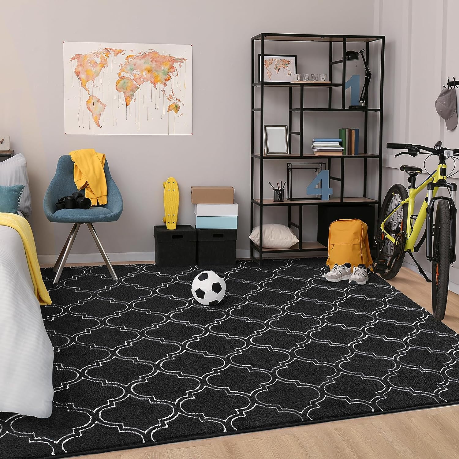 Junovo 4'x6'Modern Geometric Area Rug for Bedroom and Living Room, Fluffy Indoor Carpet for Family Room Decor,Black