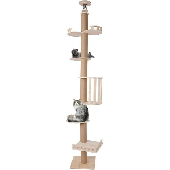 Floor to Ceiling Cat Tree 6-Tier Ceiling Cat Tree 9FT Cat Climbing Tower Tall Wood Cat Tower Tree Wall with Sisal Scratching Climbing Posts