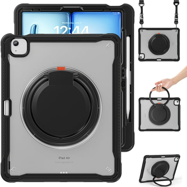 XYX pour iPad Air 13 Pouces Case (2025 M3/2024 M2), Poignée Rotative à 360°, Sangle d'Épaule, Protection Robuste contre les Chutes, Transparent