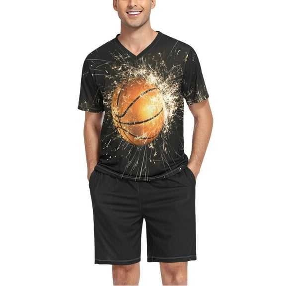 joogoo Men's Pajama Set Basketball V-Neck Pj Shorts Set 2 Piece Loungewear Sleepwear L