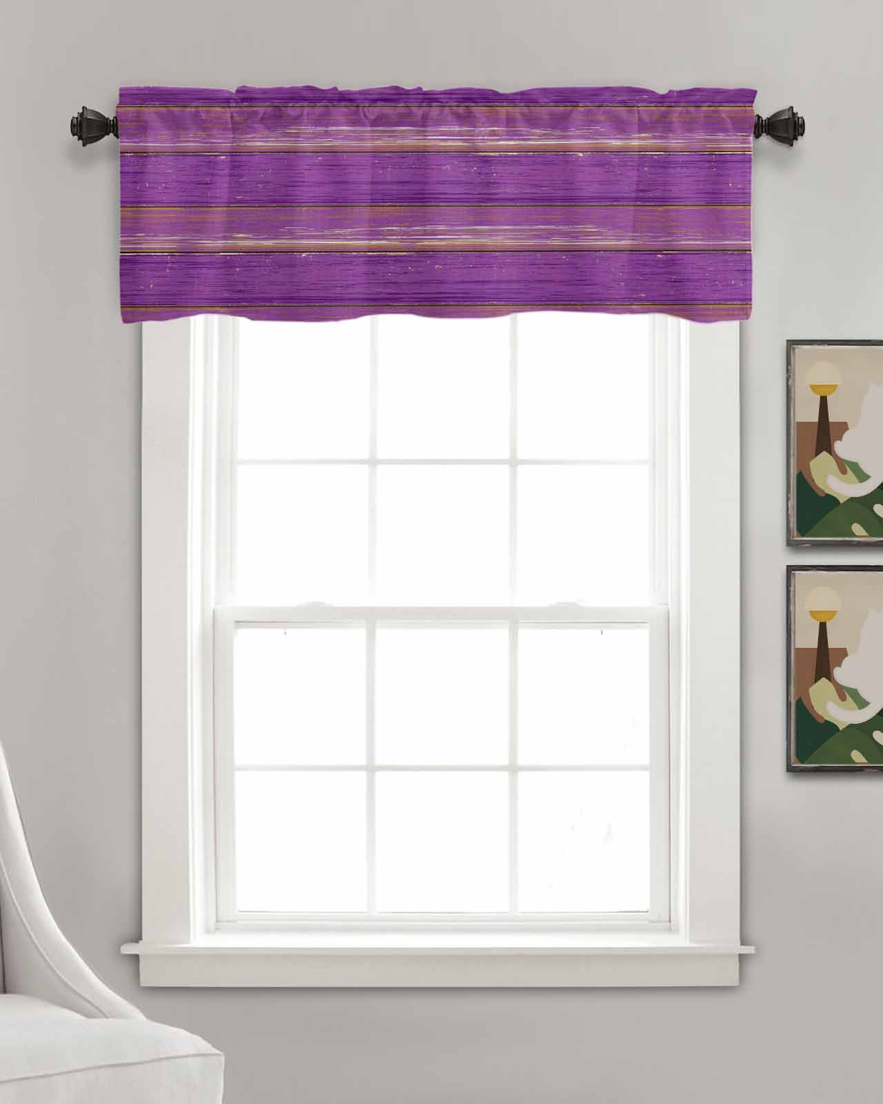 Purple Wood Grain Kitchen Valances for Windows Farmhouse Linen Window Valance Curtain for Living Room Window Treatment Farmhouse Plank Retro Country Valance Rod Pocket Topper Drape, 42 x 18 Inch