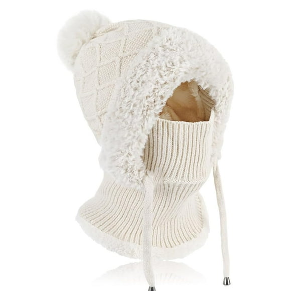 Winter Warm Knitted Cap with Neck Warmer for Women, Slouch Ajustable Knit Beanie Hat with Hairball, Winter Woolly Hat with Warm Fleece Linning, Windproof Balaclava Snood Hood Hat for Women (White)