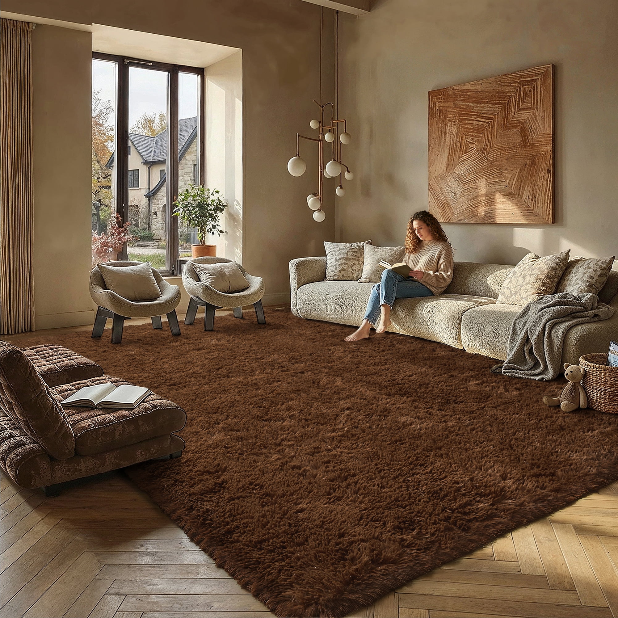BERTHMEER 5'x8' Shag Area Rugs for Bedroom Dorm Entrance Laundry Entryway Modern Contemporary Plush Soft Carpets Indoor Fuzzy Fluffy Washable Rugs, Coffee