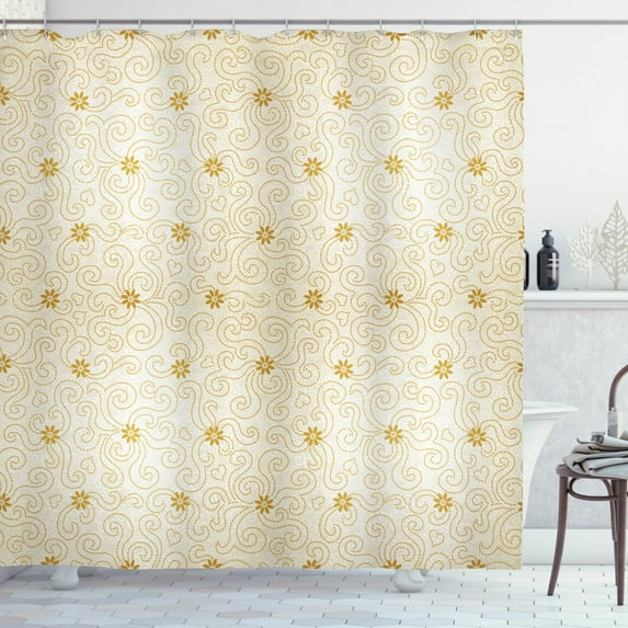 Floral Shower Curtain, Ornamental Pattern with Tiny Flowers and Dotted Curves Abstract Nature, Fabric Bathroom Set with Hooks, 69W X 84L Inches Extra Long, Earth Yellow and Beige, by Ambesonne