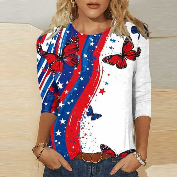 Independence Day Shirt Plus Size 3/4 Sleeve Tops for Women 4x Baggy Summer Tees for Teen Girls Vneck Tshirts Shirts for Women Cotton T Shirts for Women Graphic Teen