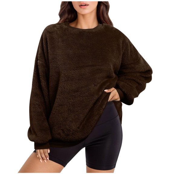 Womens Oversized Sweatshirts Hoodies Crew Neck Fleece Sherpa Pullover Fuzzy Tops Long Sleeve Casual Comfy Fall Witer Fashion Outwear