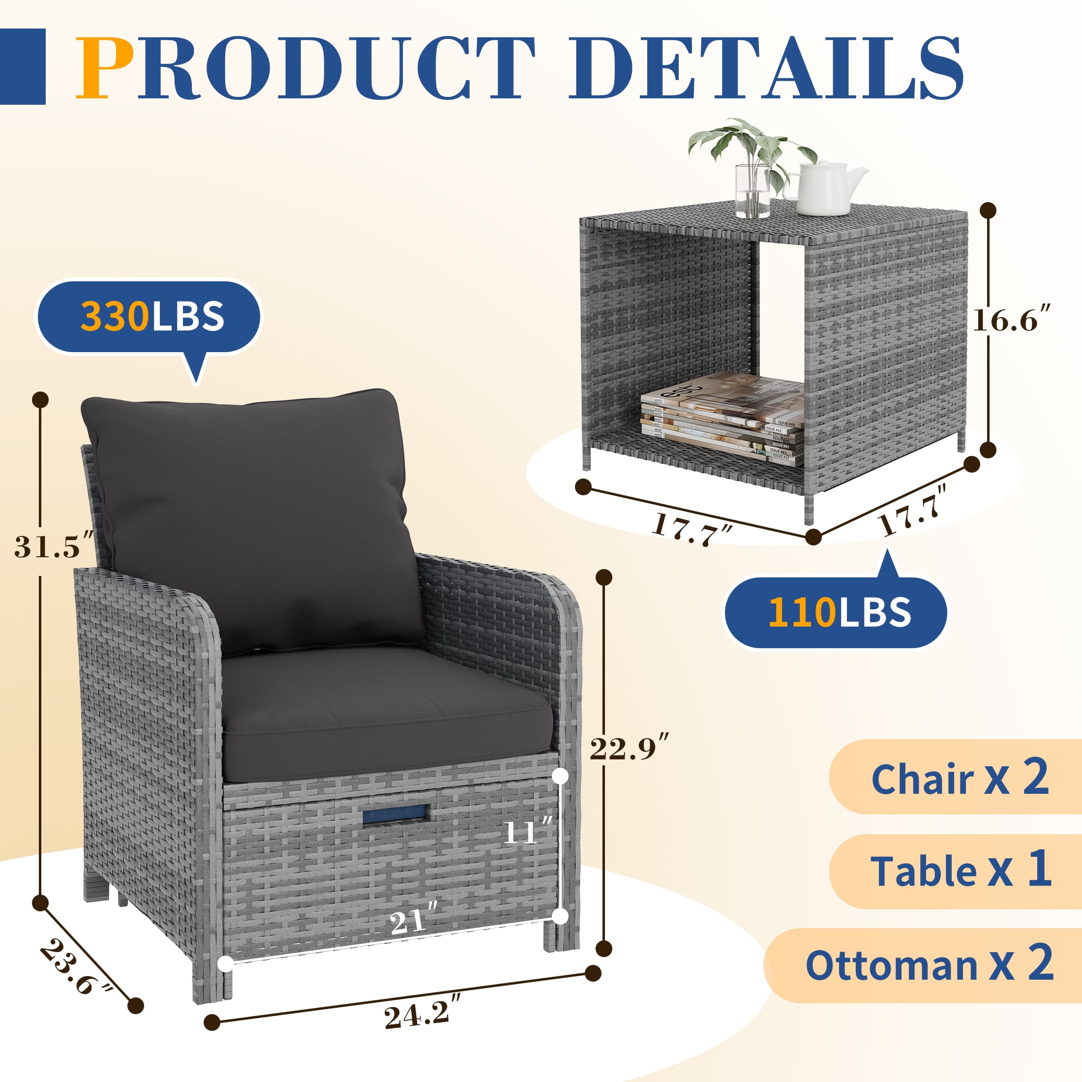 Poteban Gray Rattan Outdoor Seating 5-Piece Set,Outdoor Patio Chair with Ottoman for Front Porch Deck,Wicker Lounge Chair with Side Table, Black