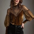 thumbnail image 4 of Womens Tops Wrap Mock Neck Shirt Lace Long Sleeve Velvet Blouse Dressy Casual Fall Fashion Outfits Brown XS, 4 of 6