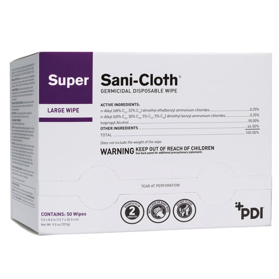 Super Sani-Cloth Surface Disinfectant Wipes, Individual Packets, 5 x 8 in, 50 Wipes, 1 Pack