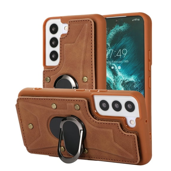 ELEHOLD for Samsung Galaxy S21 FE Leather Wallet Case,with Card Slots Holders Ring Stand Magnetic Buckle Kickstand Function Shockproof Purse Case, Brown