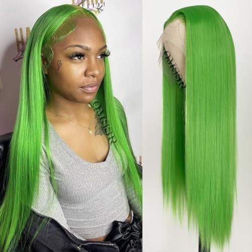 QMSSR 24 Inch Straight Hair Green Color 13x6 Lace Front Wigs Free