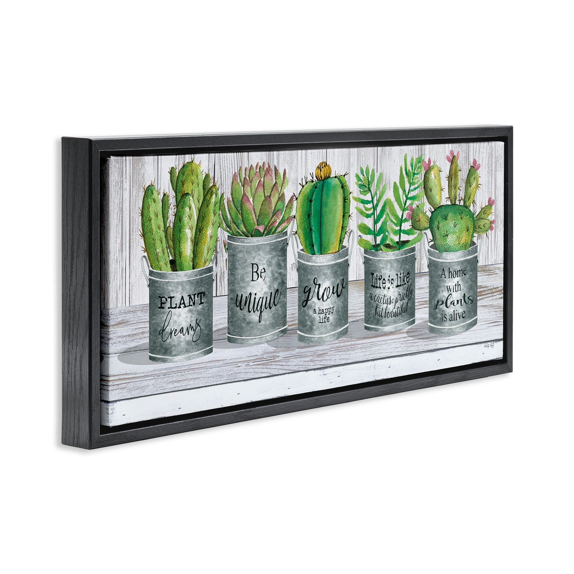 Stupell Industries Succulents with Plant Life Puns Inspirational Painting Black Floater Framed Canvas Art Print Wall Art, 25 x 11