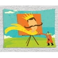 thumbnail image 1 of Retro Tapestry, Cartoon Artist Painting His Giant Portrait in a Crown on Hill Grunge Weathered Effect, Wall Hanging for Bedroom Living Room Dorm Decor, 60W X 40L Inches, Multicolor, by Ambesonne, 1 of 2