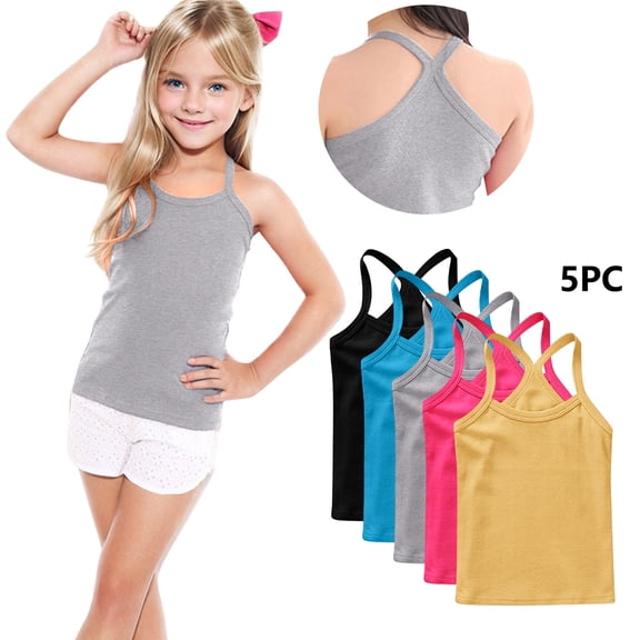 BRGZLK Kids Girls Camisole Tank Tops 5 Pack Spaghetti Strap Halter Y-Back Dance Tank Tops Summer Casual Solid Color Soft Comfort Breathable Cami Vest Yellow 8-9 Years