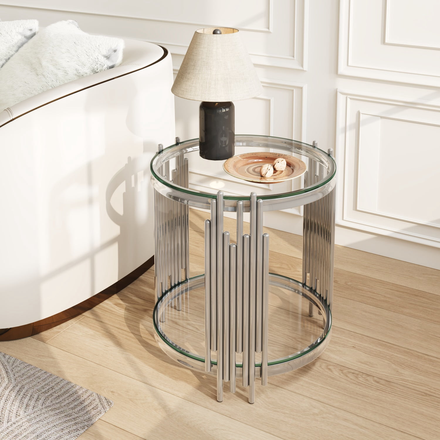 Hommoo 19.7 Inch Round 2-Tier Glass End Table, Stainless Steel Base with Clear Tempered Glass, Modern Luxury Side Table for Living Room, Bedroom & Home Office, Sliver